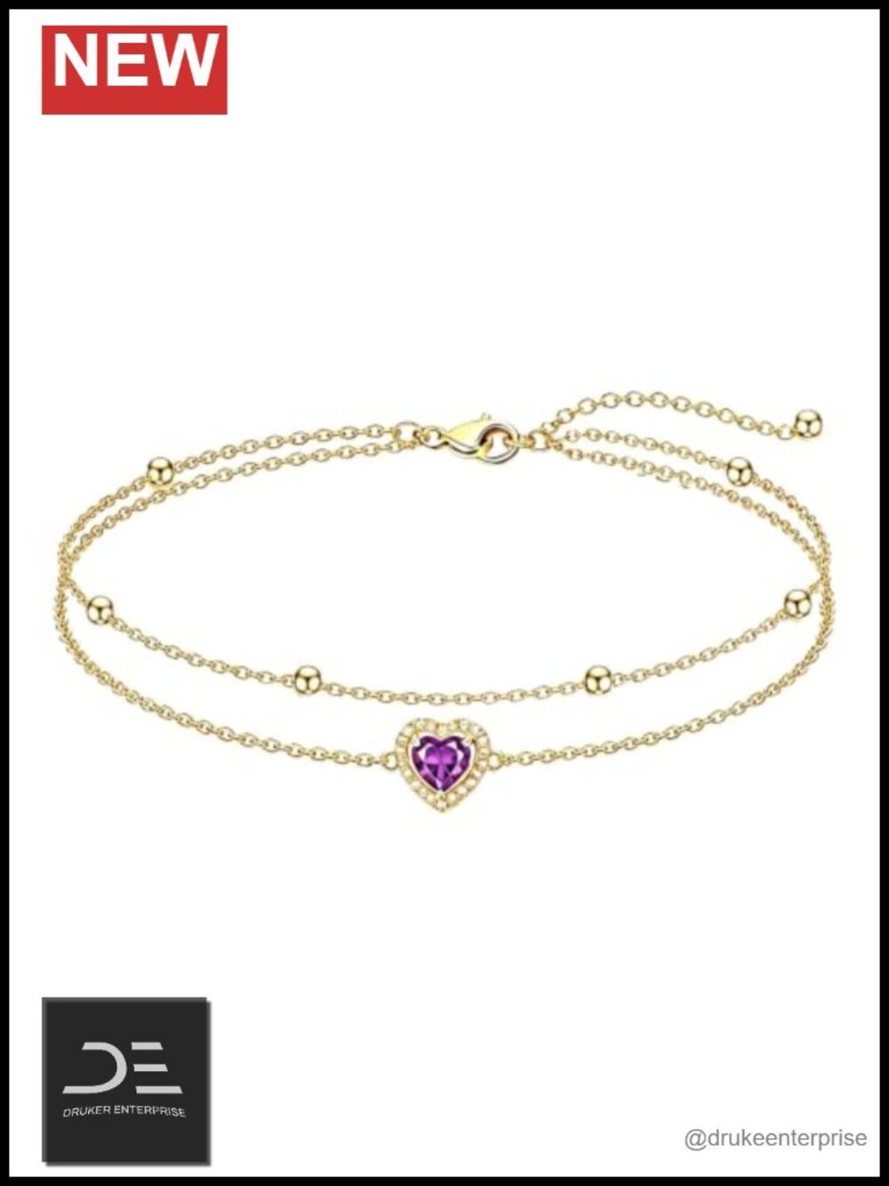 14K Gold Heart Birthstone Anklet Bracelet, February Amethyst, Gift for Women
